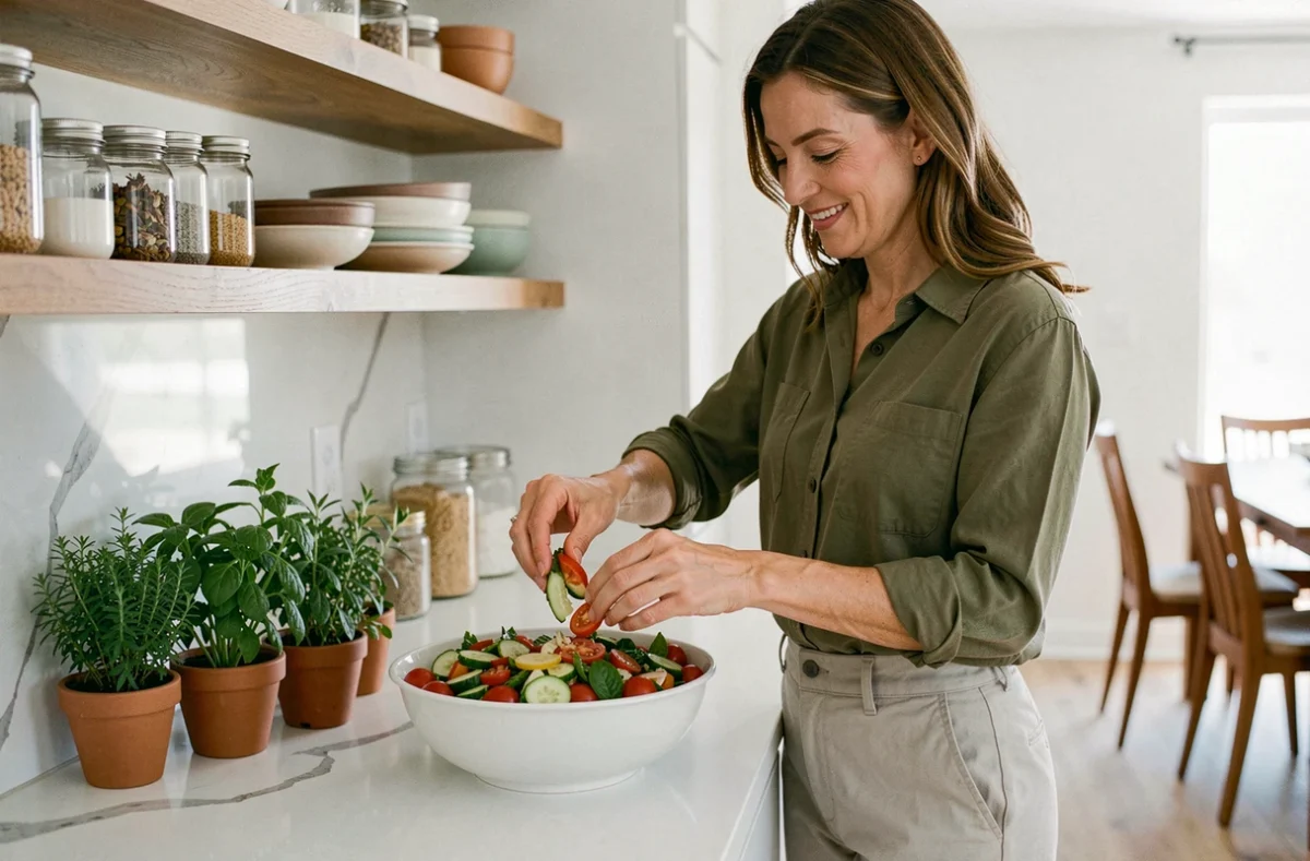 Femme préparant un repas équilibré et coloré dans une cuisine moderne pour adopter une alimentation saine au quotidien