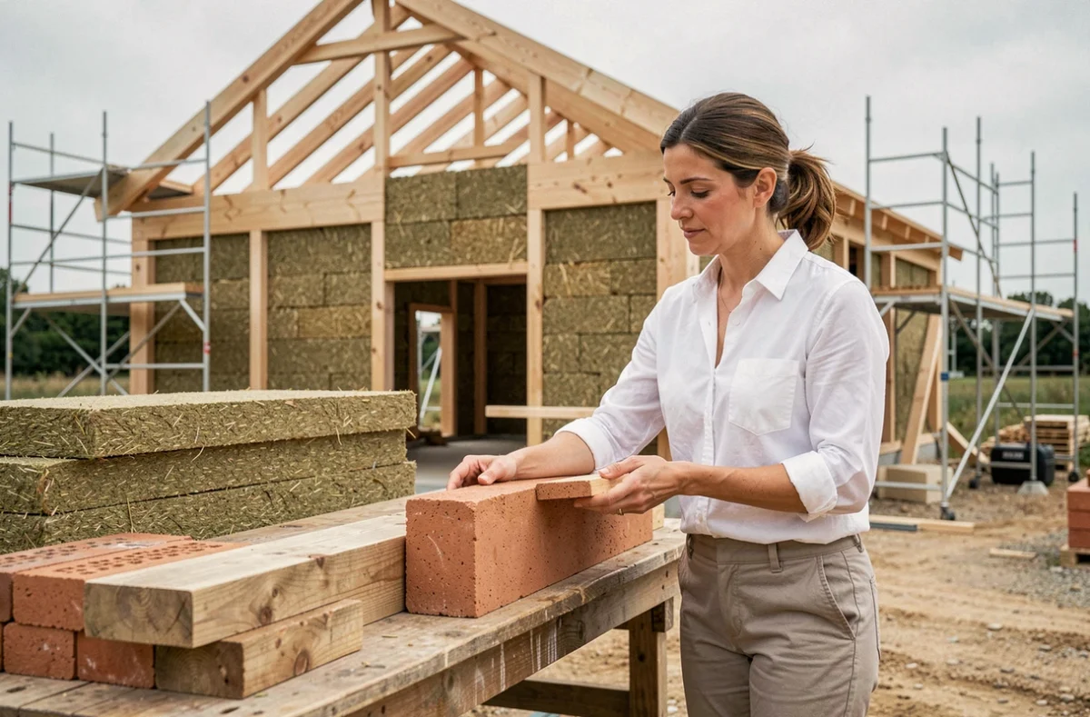 Architecte inspectant des matériaux de construction écologiques sur un chantier de maison bioclimatique en France