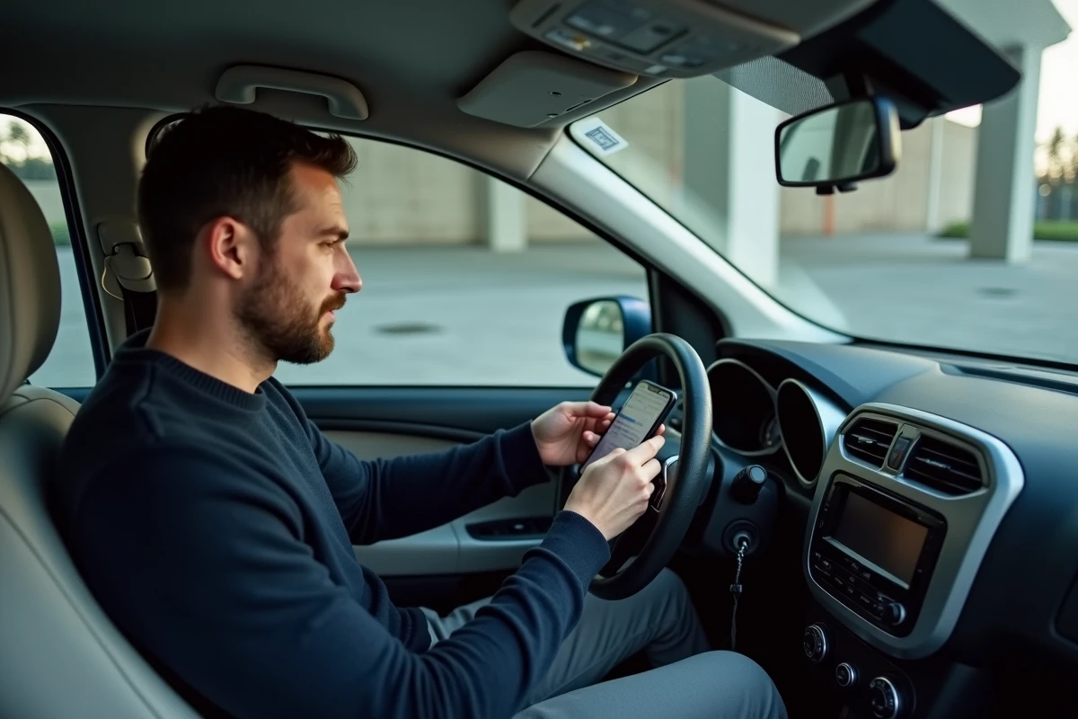 Homme vérifiant son contrat d'assurance bonus petit rouleur sur smartphone assis dans une petite voiture en parking
