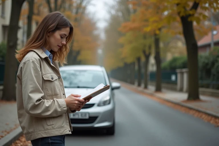 Femme consultant des documents d'assurance auto à côté d'une petite voiture compacte dans une rue résidentielle française