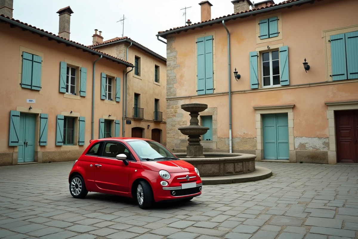 Petite voiture rouge garée sur une place de village français illustrant le faible kilométrage du bonus petit rouleur