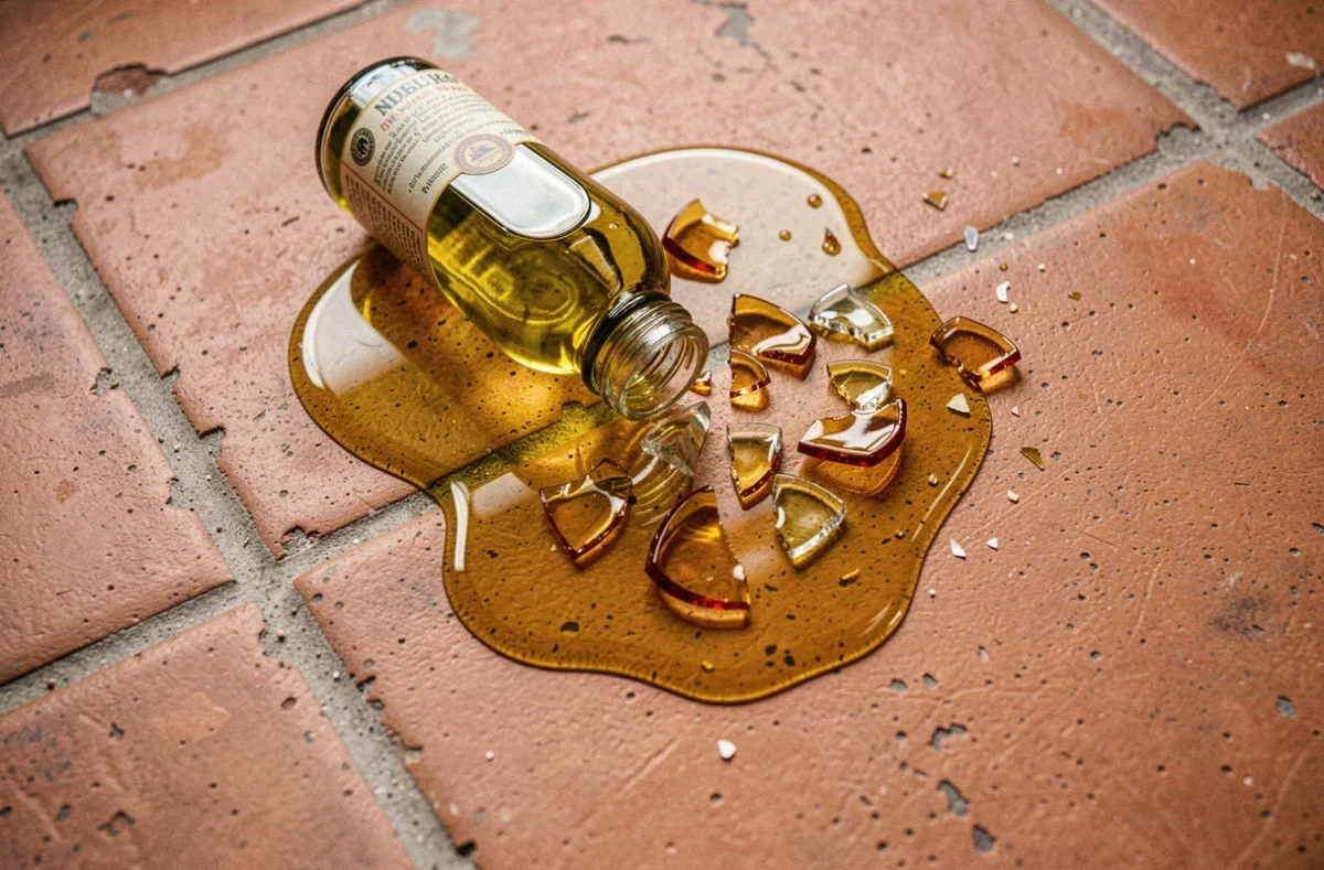 Bouteille d'huile d'olive brisée sur un carrelage en terre cuite avec de l'huile dorée répandue et des éclats de verre