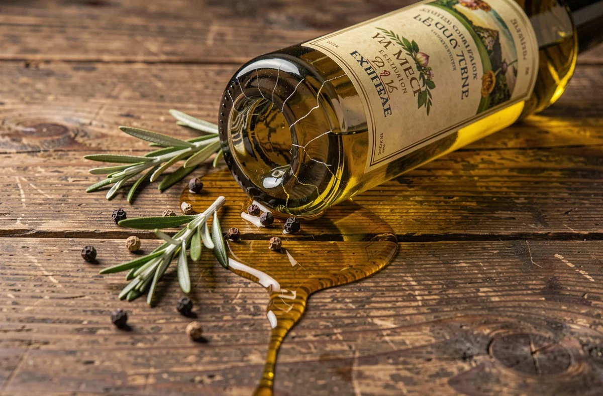 Bouteille d'huile d'olive fissurée sur une table en bois avec un filet d'huile dorée et des herbes séchées