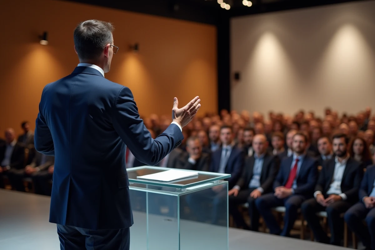 Coach entrepreneur en costume marine prenant la parole lors d'une conférence sur le succès et la fortune personnelle