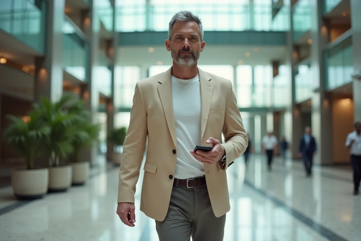 Coach à succès en blazer beige traversant le hall d'un centre d'affaires moderne avec assurance et détermination