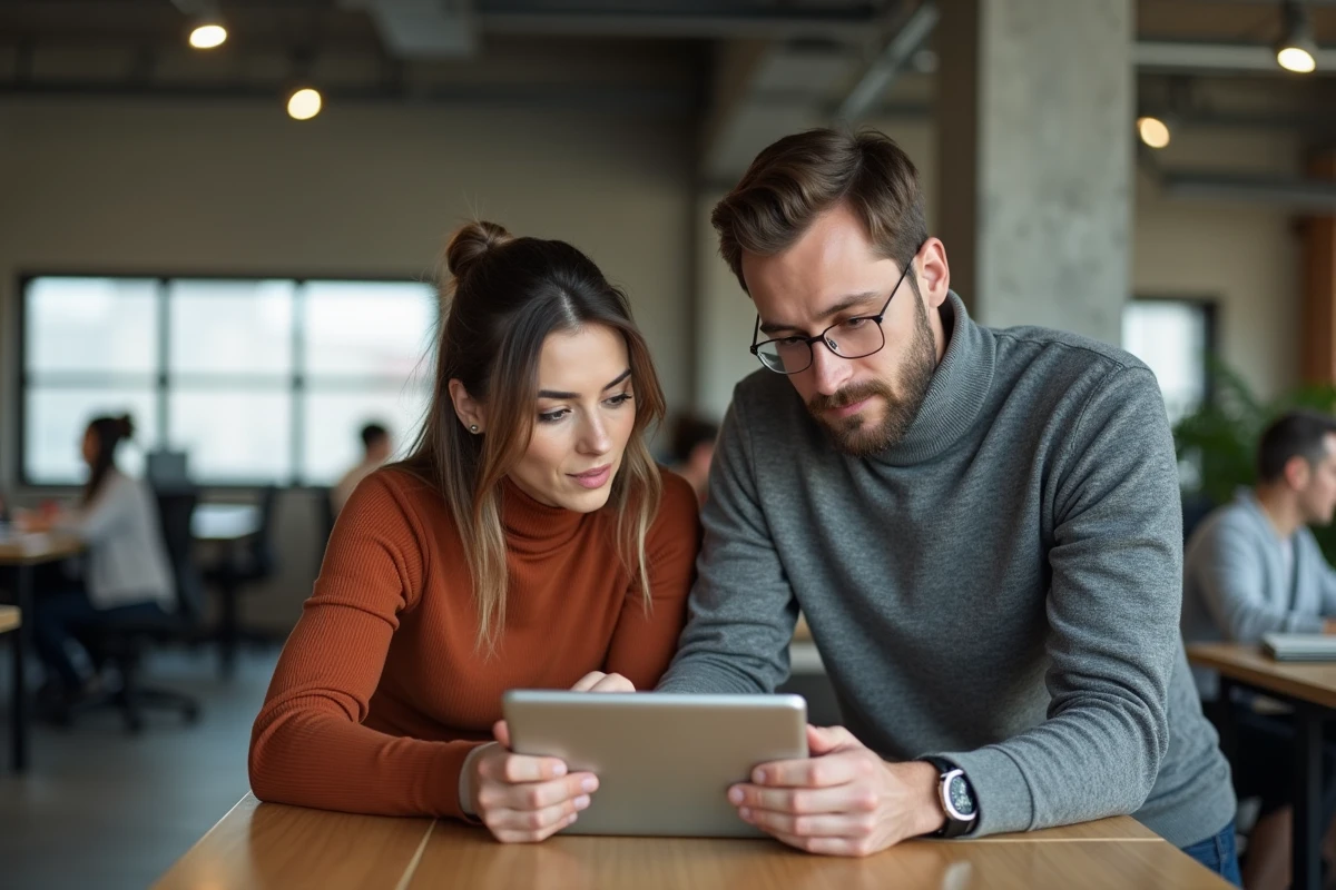 Deux collègues consultant ensemble un annuaire sur une tablette dans un espace de coworking