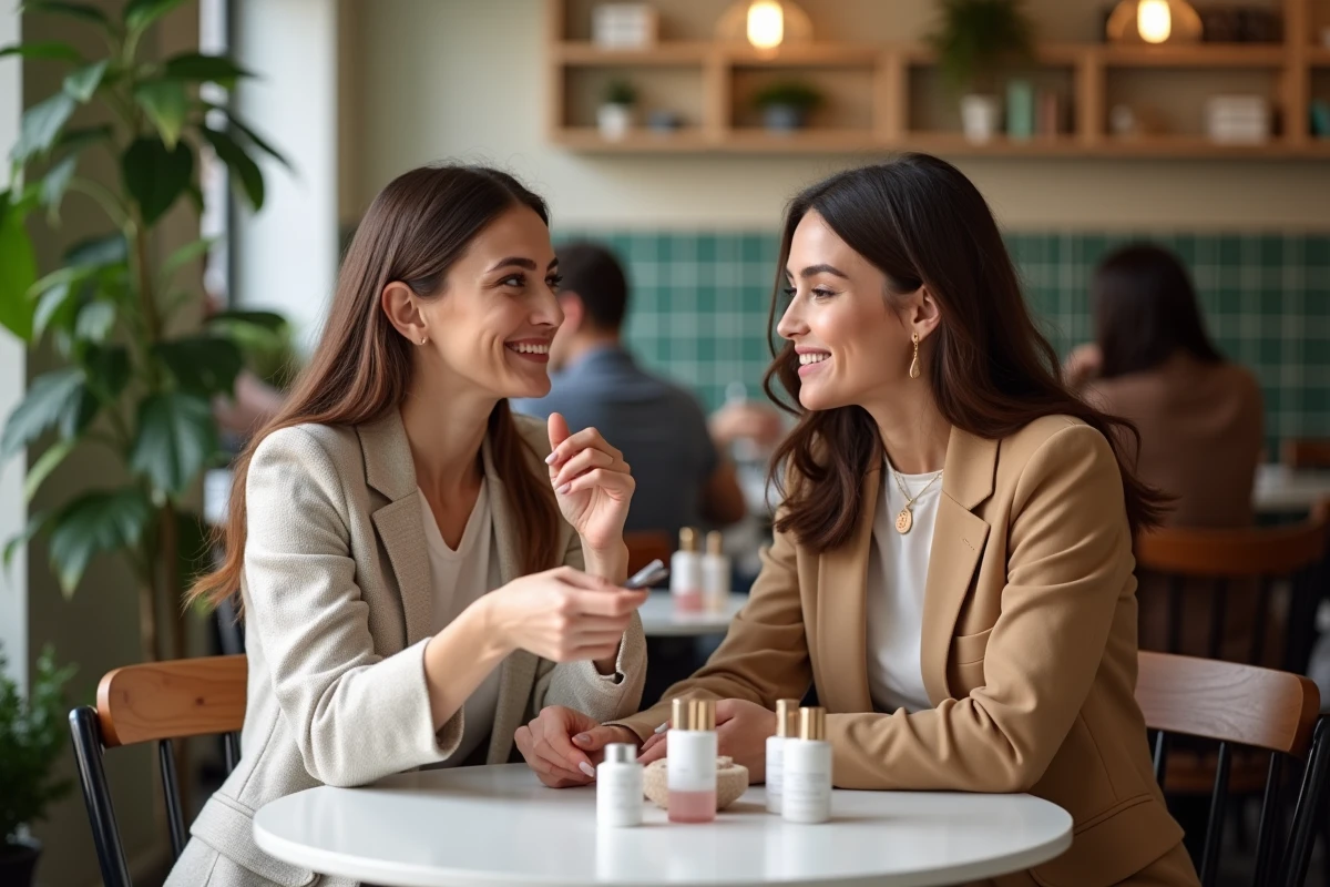 Deux femmes comparant des échantillons de parfums et produits beauté de différentes marques concurrentes d'Adopt autour d'un café