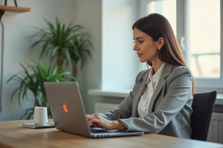 Femme professionnelle configurant ses paramètres de messagerie webmail sur un ordinateur portable dans un bureau moderne