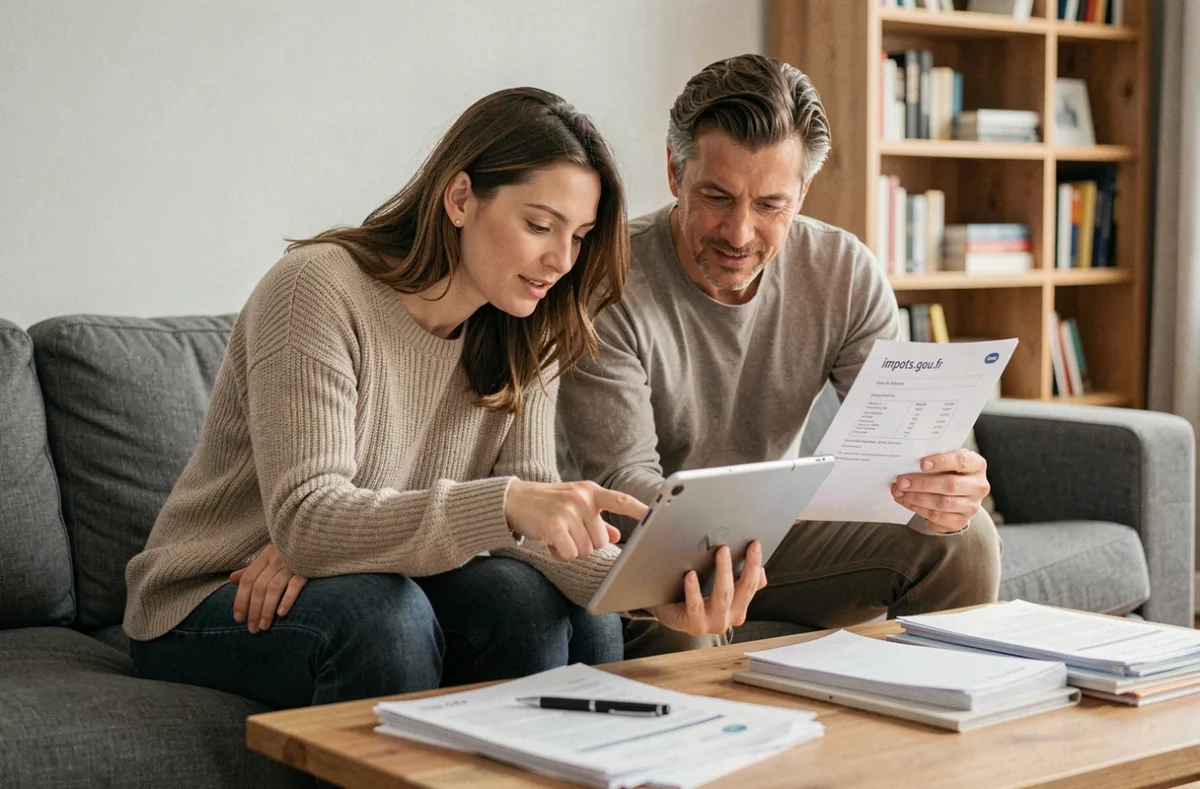 Couple déclarant un changement de situation familiale et d'adresse sur impots.gouv depuis leur salon