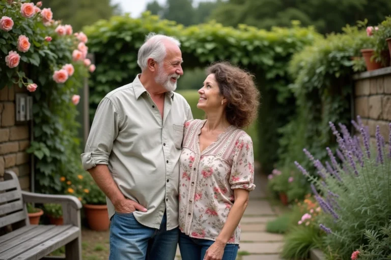Couple discret et complice partageant un moment tendre dans un jardin fleuri de cottage anglais
