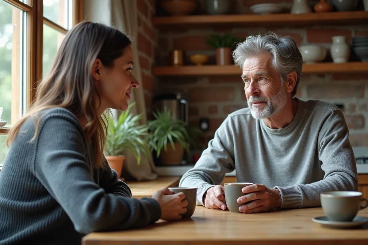Homme et femme partageant un café complice dans une cuisine rustique chaleureuse