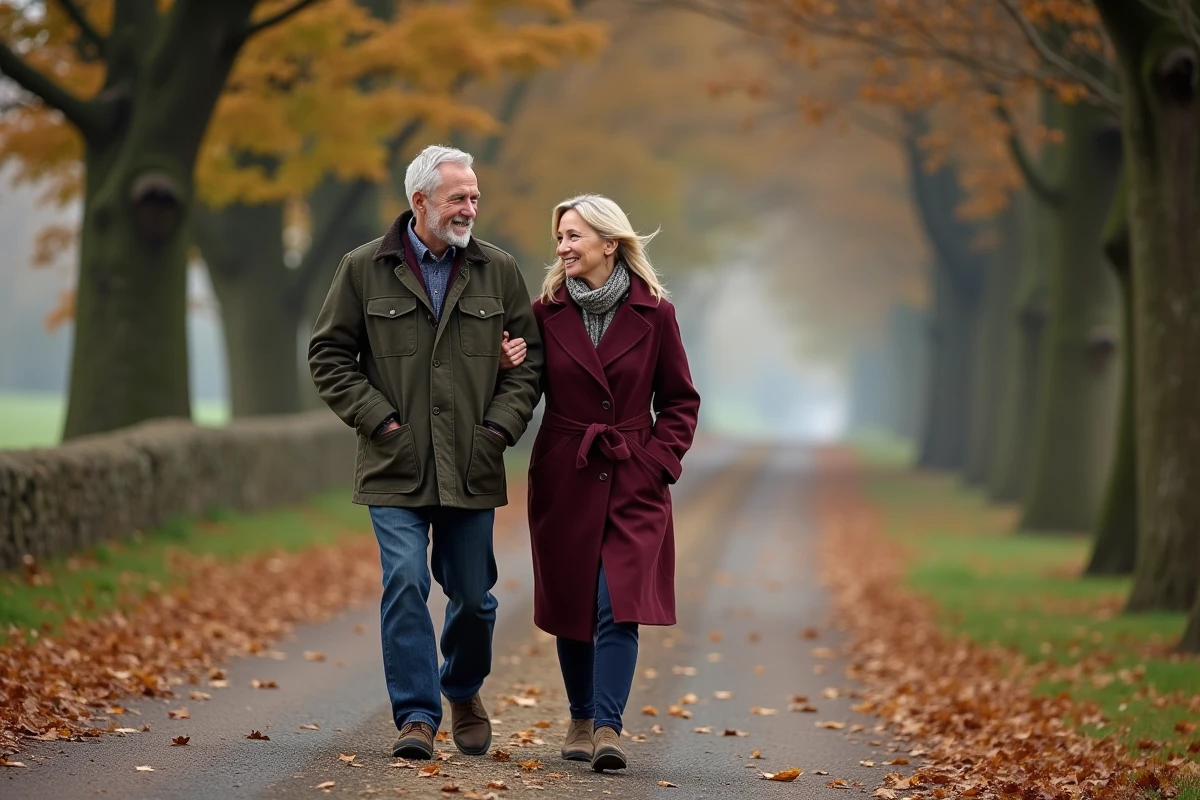 Couple amoureux marchant main dans la main sur un chemin de campagne bordé d'arbres en automne