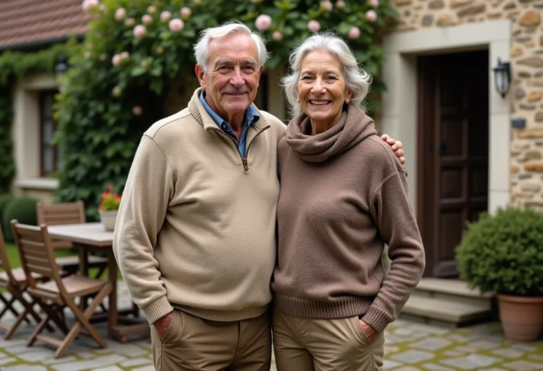 Couple de personnes âgées dans un jardin rural paisible