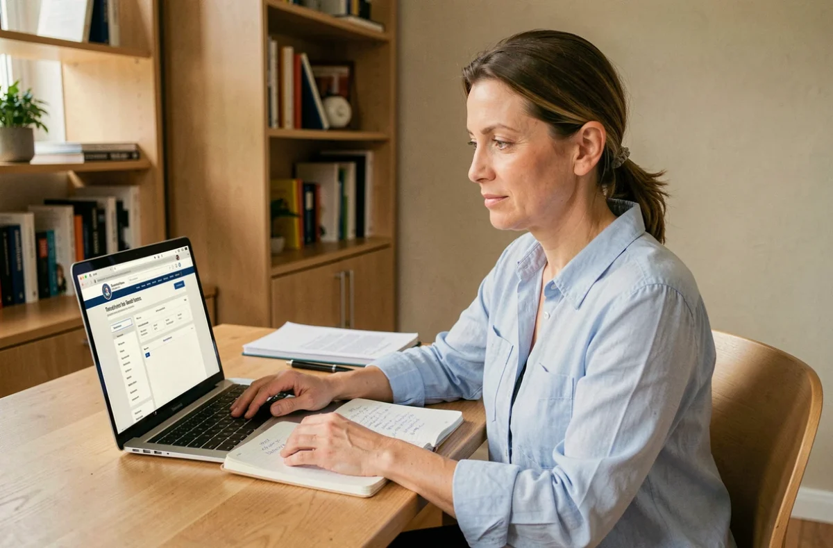 Femme déclarant un changement d'adresse sur le site impots.gouv.fr depuis son bureau à domicile