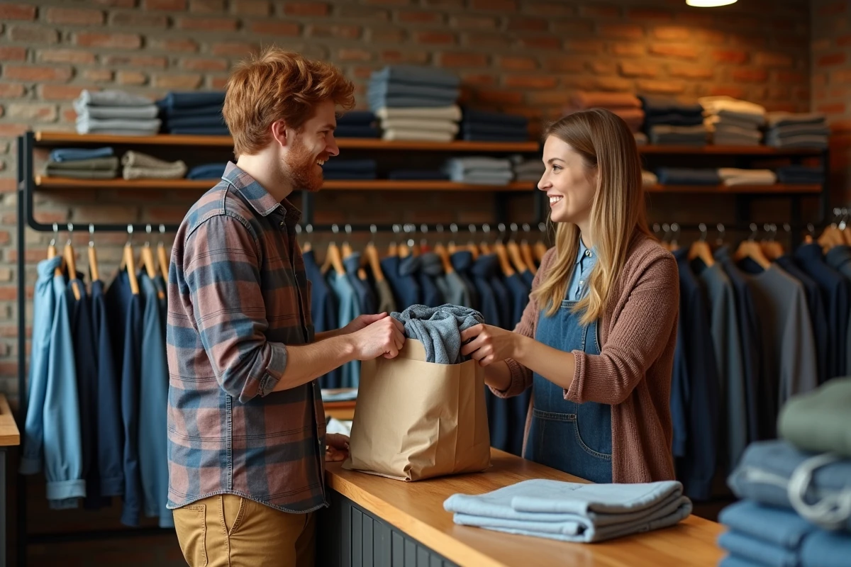 Homme déposant un sac de vêtements dans une boutique de revente de seconde main
