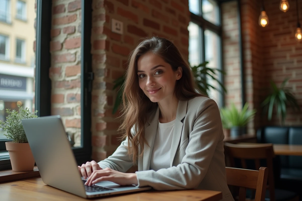 Jeune femme développeuse en café en train de coder