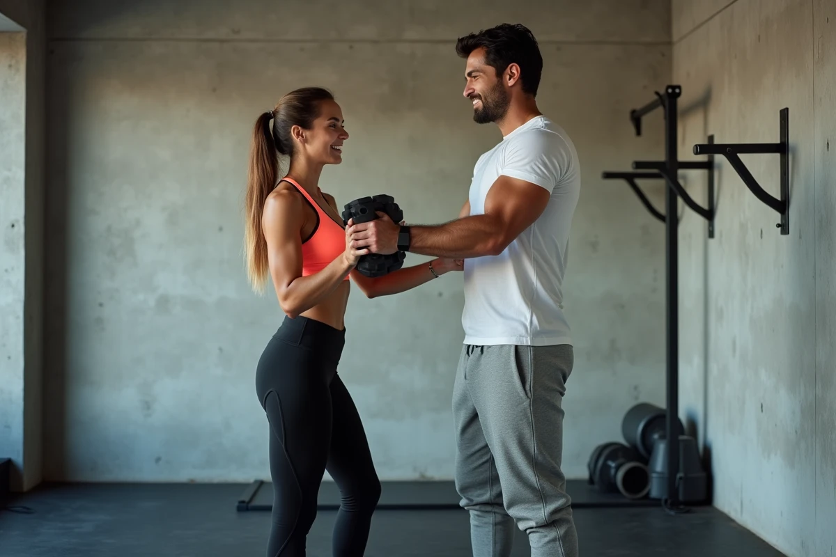 Deux amis s'entraînant ensemble dans une salle de sport maison minimaliste avec haltères et barre de traction