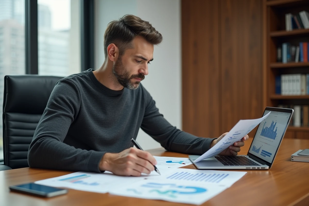 Entrepreneur coach analysant ses résultats financiers et stratégies de développement personnel dans un bureau moderne