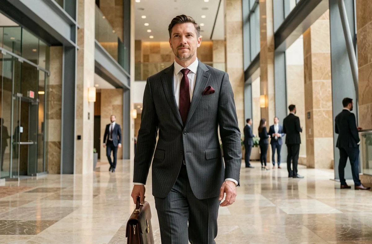 Entrepreneur influent traversant le hall d'un immeuble d'affaires prestigieux avec assurance