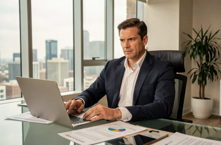 Entrepreneur à succès assis à son bureau en verre dans un bureau exécutif moderne avec vue sur la ville