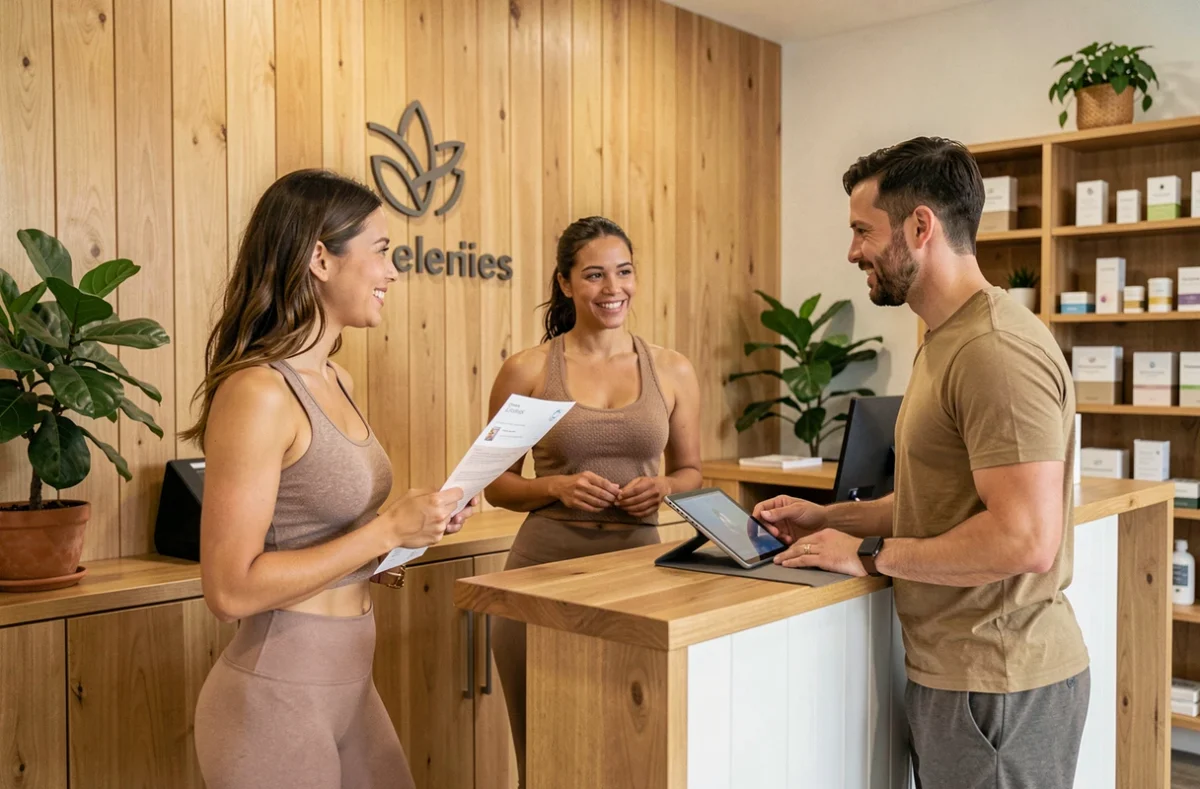 Équipe passionnée de bien-être accueillant des visiteurs à la réception d'un centre de yoga professionnel