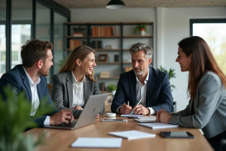 Groupe de professionnels en réunion dans un bureau moderne