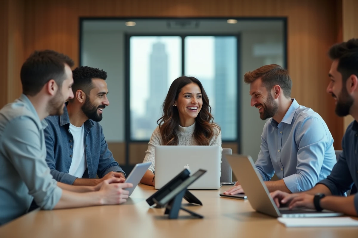 Equipe de professionnels en réunion dans une salle moderne