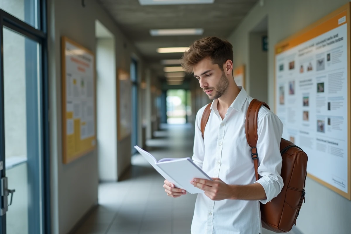 Étudiant consultant un guide des niveaux universitaires L1 L2 L3 dans un couloir d'université en France