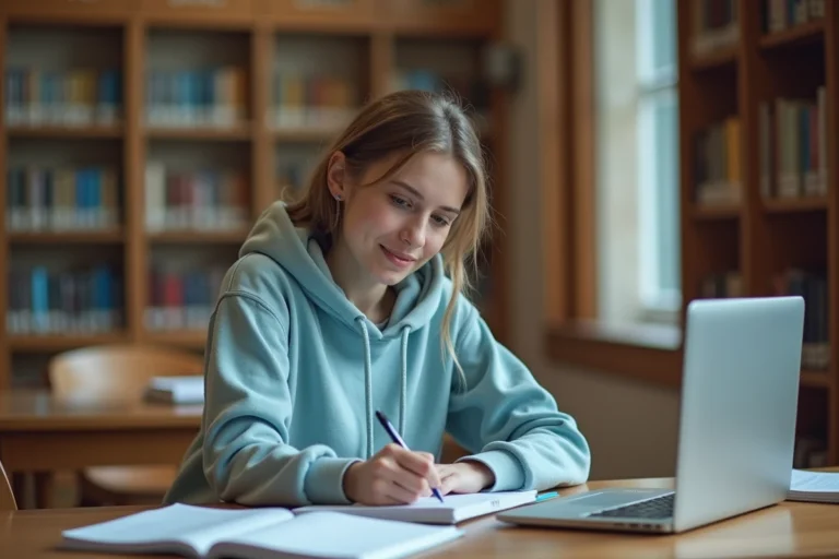 Étudiante en première année de licence travaillant dans une bibliothèque universitaire française avec des manuels scolaires