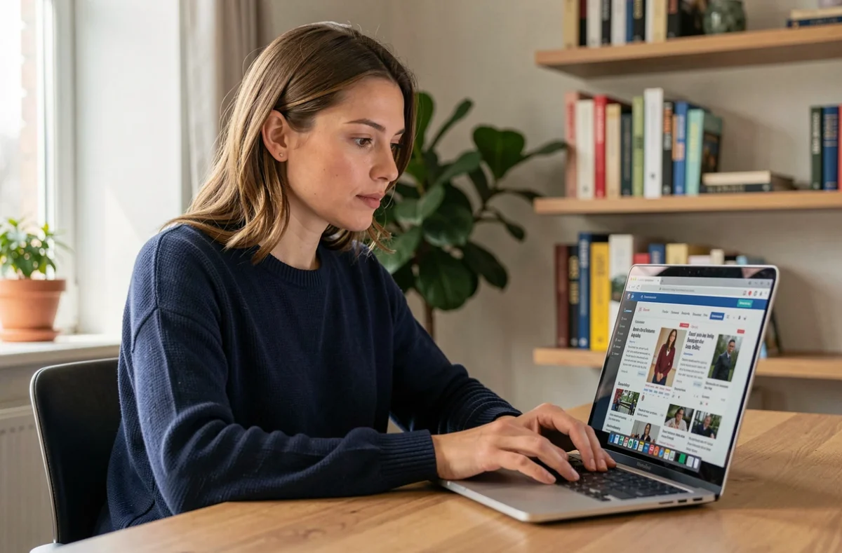 Femme consultant les dernières tendances de l'actualité en ligne sur son ordinateur portable dans un bureau moderne