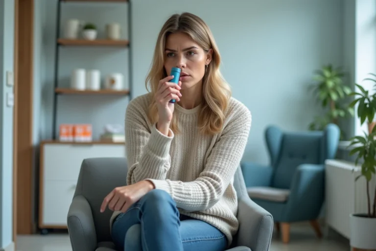 Femme d'âge moyen dans un cabinet médical moderne avec inhaler