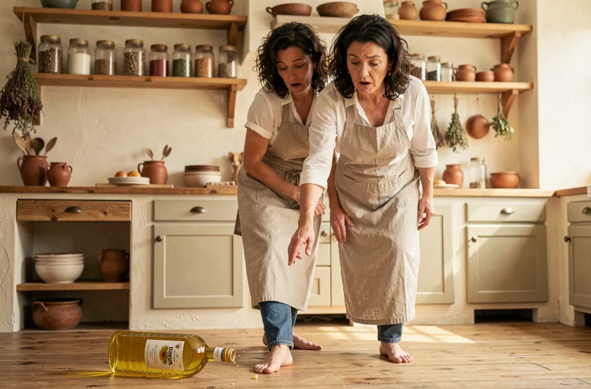 Femme surprise regardant une bouteille d'huile tomber sur le sol en bois d'une cuisine méditerranéenne