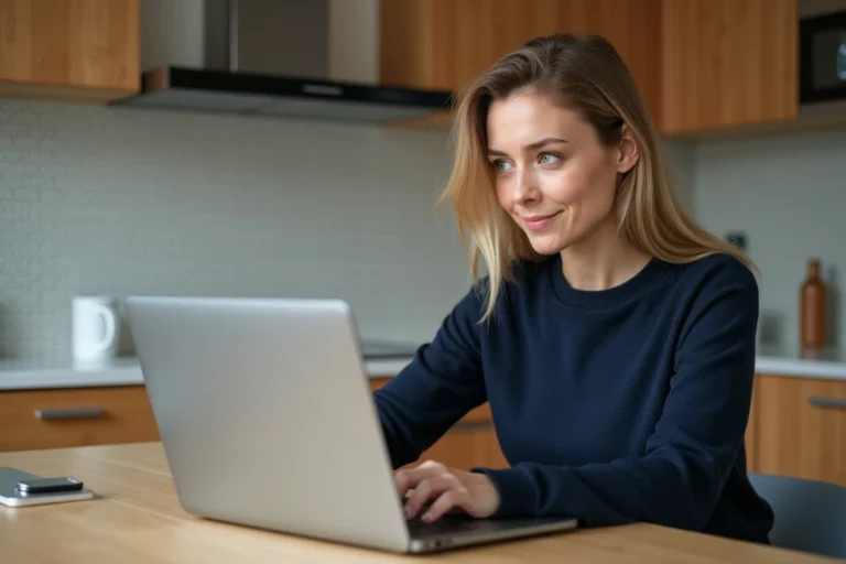 Femme utilisant un ordinateur portable dans une cuisine organisée