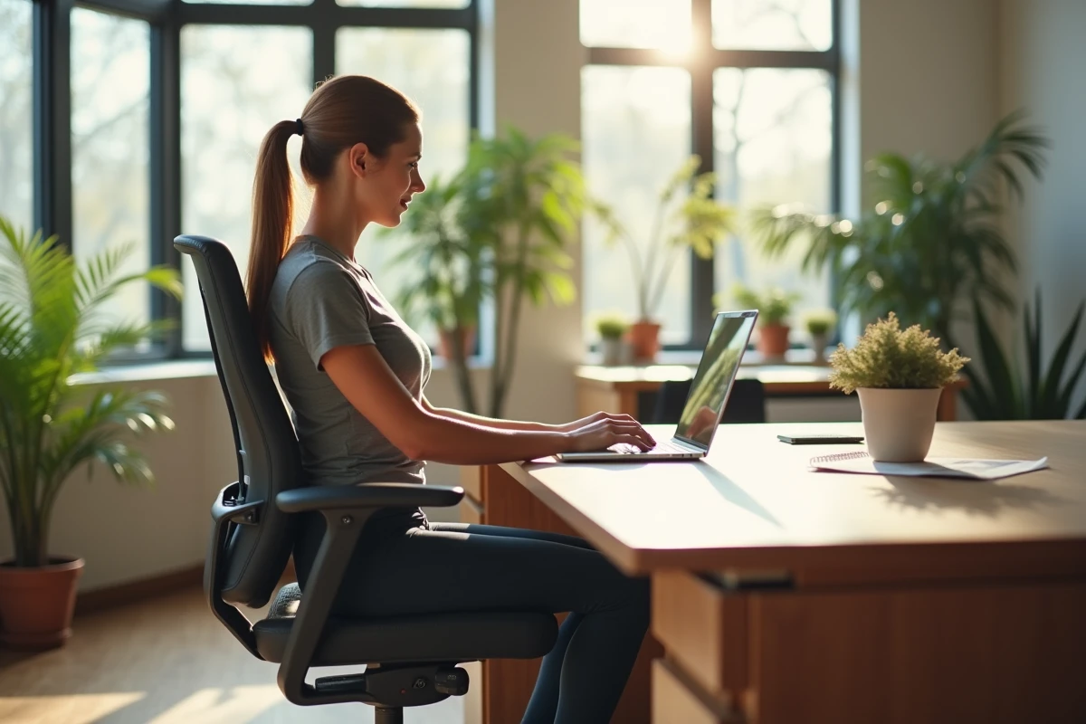 Femme assise à un bureau avec t-shirt correcteur de posture