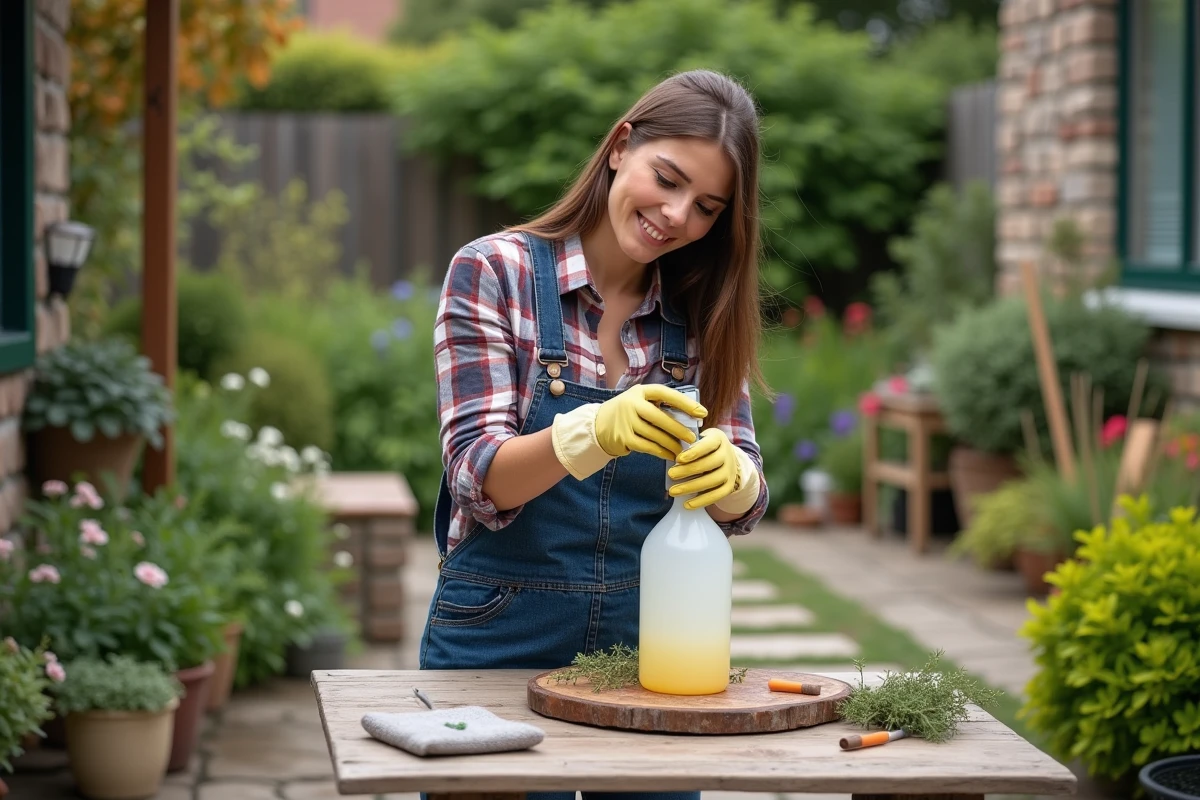 Jeune femme versant une solution de vinaigre dans un spray