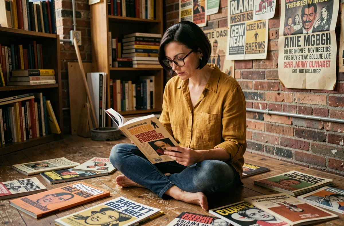 Femme lisant des magazines indépendants dans un studio éditorial créatif avec murs en briques et affiches typographiques