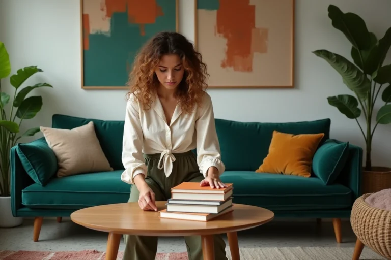 Jeune femme arrangeant des livres d'art dans un salon moderne