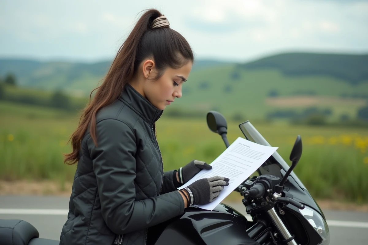Femme regardant un document sur une moto en campagne