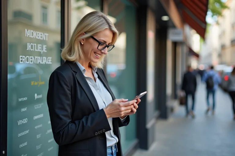 Femme d affaires vérifiant son smartphone devant une boutique d opticien moderne