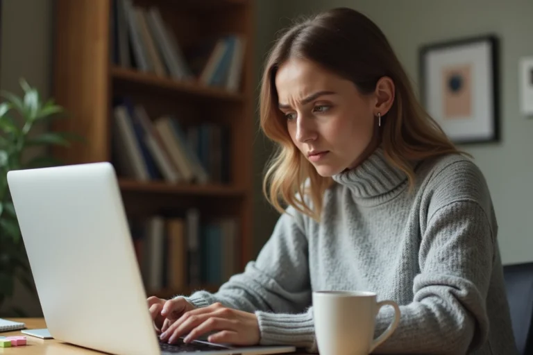 Femme frustrée face à un problème de connexion e-habillement sur son ordinateur portable au bureau à domicile