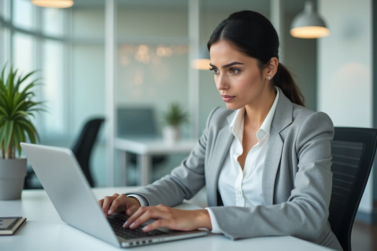 Femme cherchant un annuaire en ligne sur son ordinateur portable dans un bureau moderne