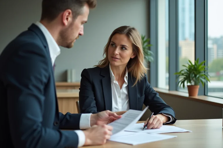 Femme en réunion bancaire examinant des documents de prêt immobilier