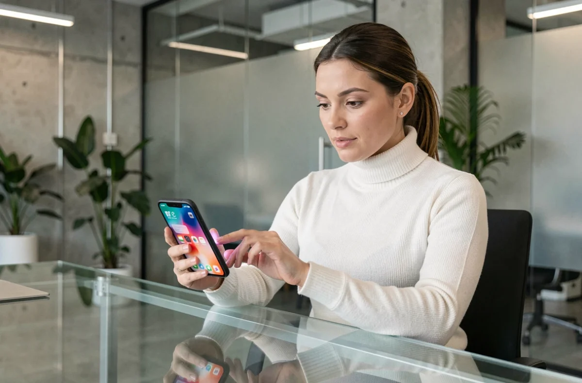 Femme utilisant un smartphone pliable dans un bureau technologique moderne, illustrant les dernières tendances high-tech