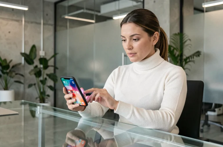 Femme utilisant un smartphone pliable dans un bureau technologique moderne, illustrant les dernières tendances high-tech