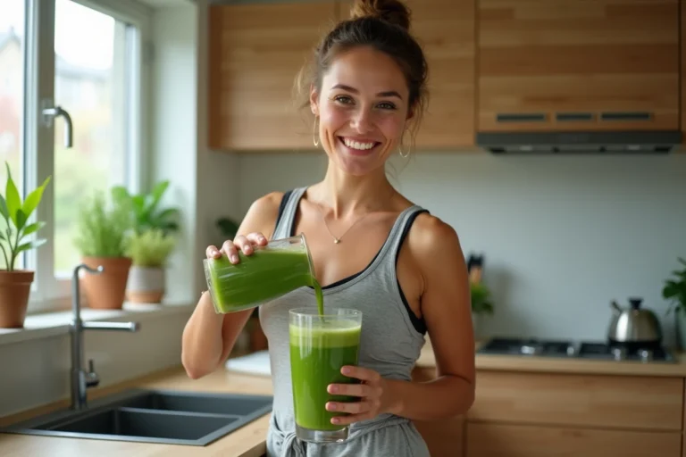 Femme souriante verse un smoothie vert dans un verre en cuisine