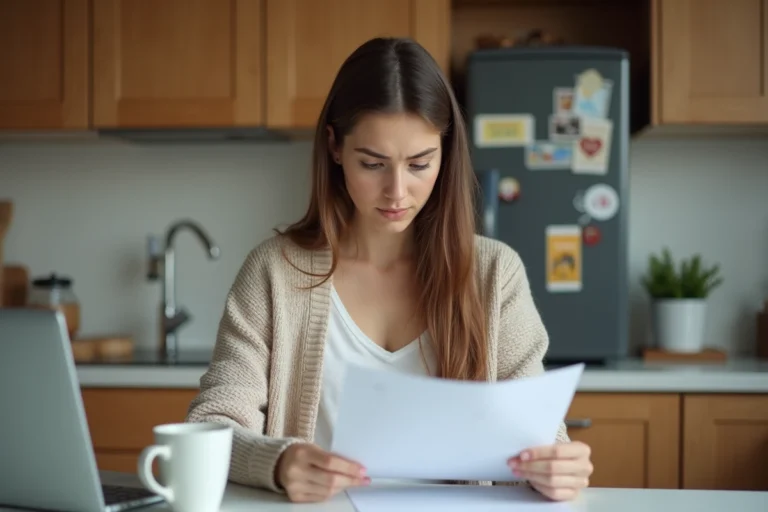 Jeune femme en train de revoir des documents officiels à la maison