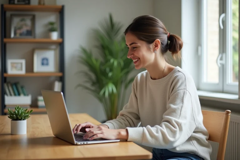Femme souriante travaillant sur son ordinateur dans un appartement lumineux