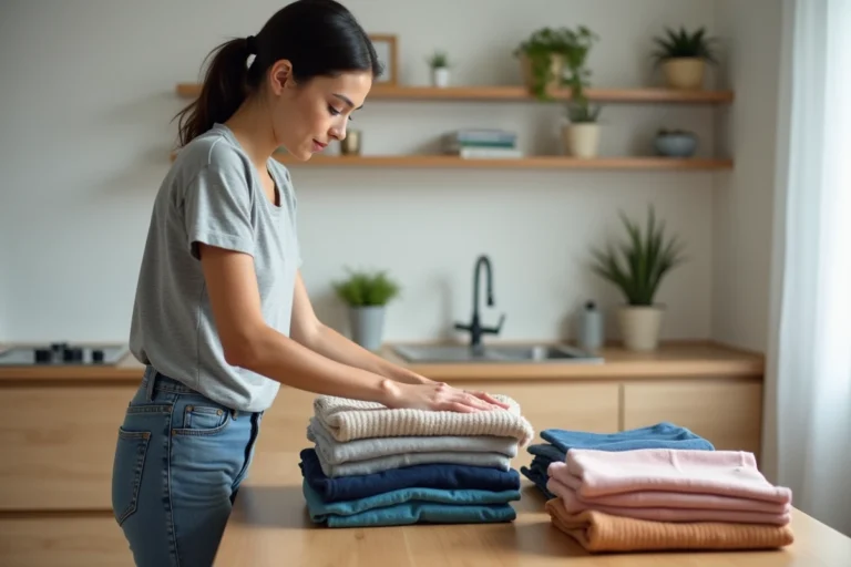 Femme triant des vêtements d'occasion soigneusement pliés sur une table pour les revendre