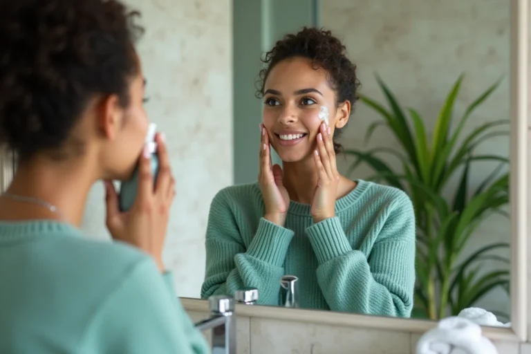 Jeune femme vitiligo appliquant une brume visage dans sa salle de bain
