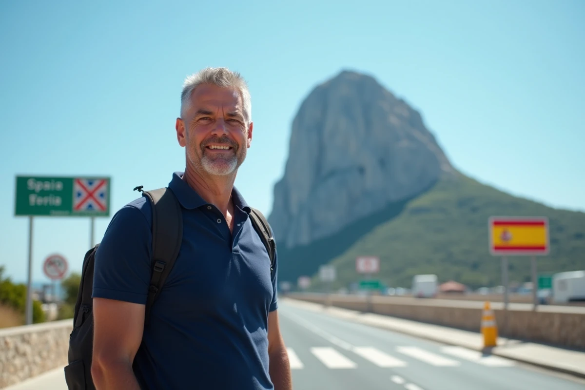 Voyageur au poste frontière terrestre de Gibraltar avec le Rocher en arrière-plan